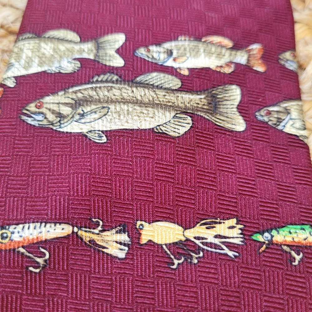 Youth Tie, Burgandy with Fish and Lures 100% silk